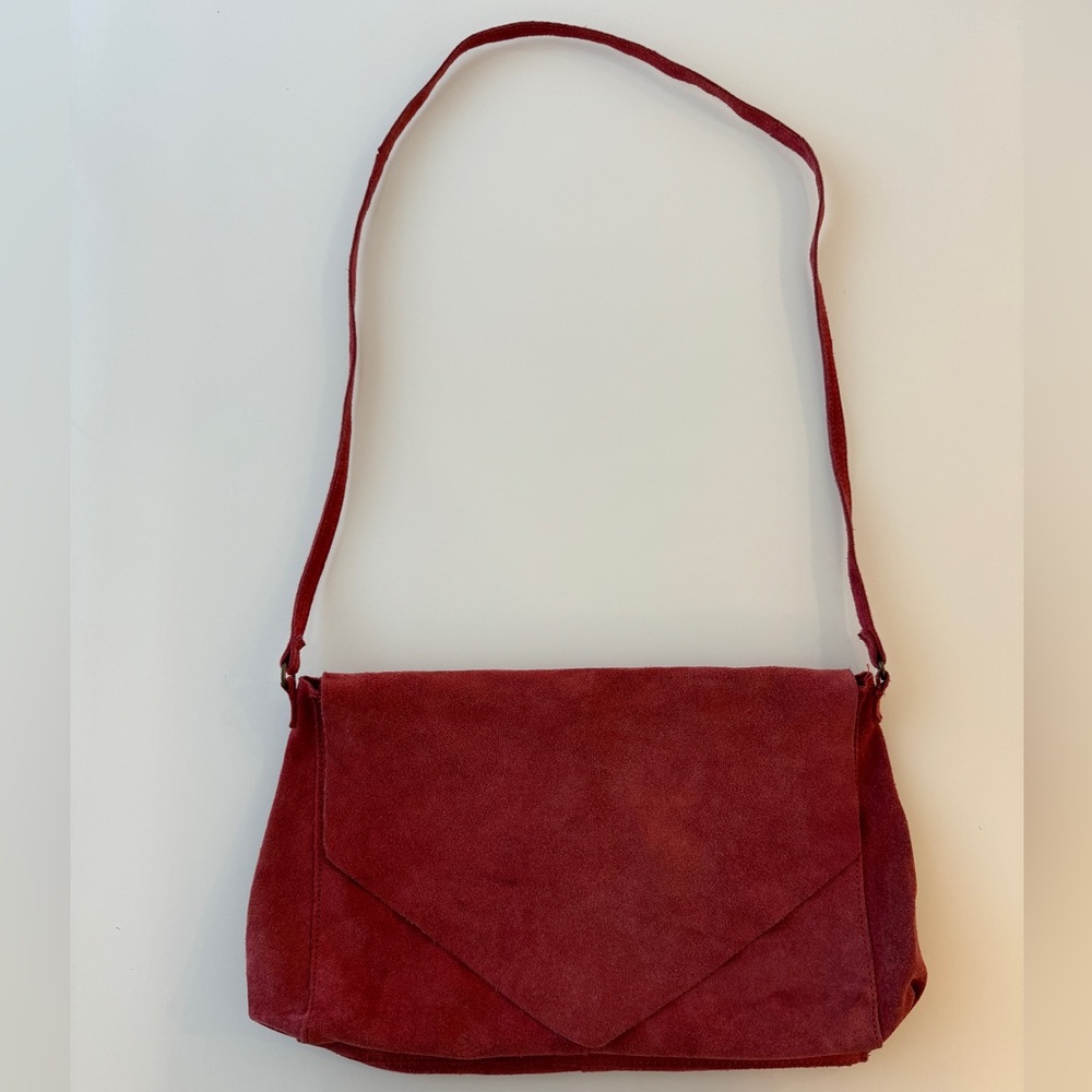 Red suede/leather purse. Crossbody.